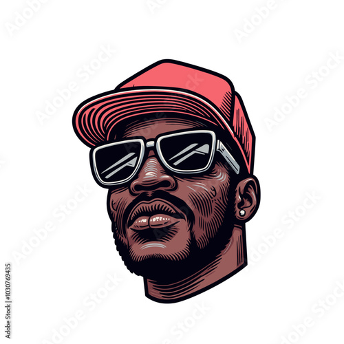 Pimp head in purple hat and gold glasses isolated	
