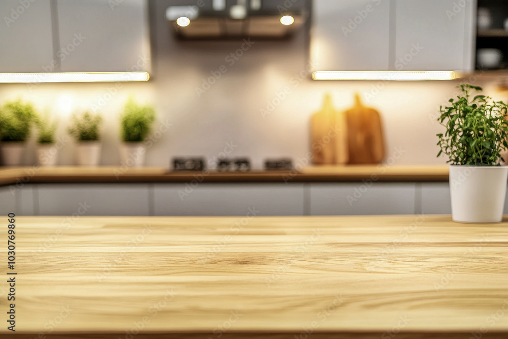 Minimalist kitchen interior with wooden countertop and potted plants Minimalist kitchen interior with wooden countertop and potted plants