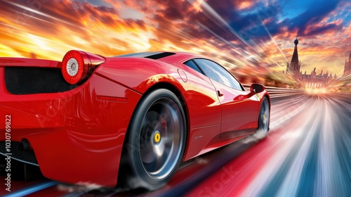 A red sport car is driving down a road. photo