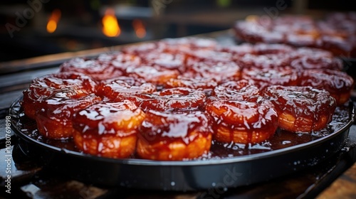 Wallpaper Mural Close-up of freshly baked pastries with glossy caramel glaze, arranged in a circular baking pan, on a wooden surface Torontodigital.ca