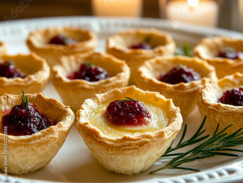 Flaky puff pastry filled with creamy brie and topped with sweet cranberry sauce, garnished with rosemary, creates delightful appetizer perfect for festive gatherings photo