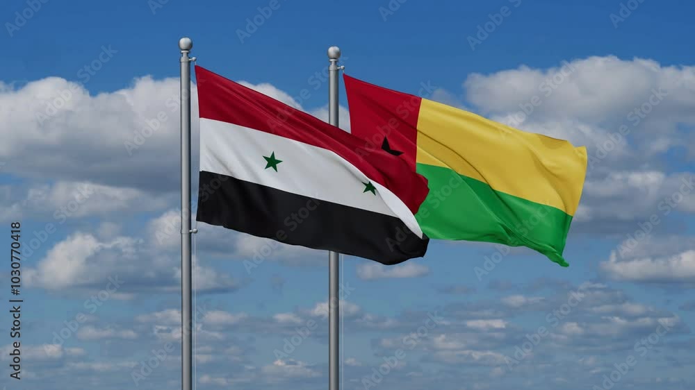 Guinea-Bissau and Syria flags flying together, video concept of the relationship, two country relations concept Guinea-Bissau and Syria flags flying together, video concept of the relationship, two country relations concept