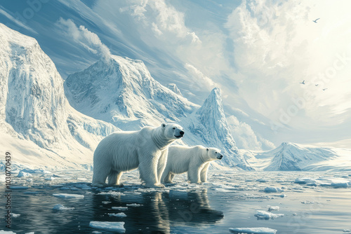 climate change illustration, visual representation of climate change polar bears stranded on melting ice, glaciers in background, room for data climatecrisis photo