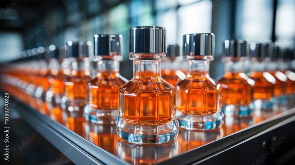 A row of amber glass bottles with silver caps on a metal surface, highlighting the meticulous production process and the essence of quality A row of amber glass bottles with silver caps on a metal surface, highlighting the meticulous production process and the essence of quality