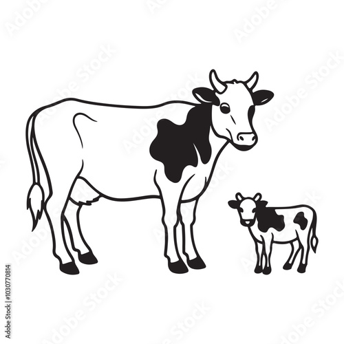 Domestic milk cows with calf, mother cow Vector illustration