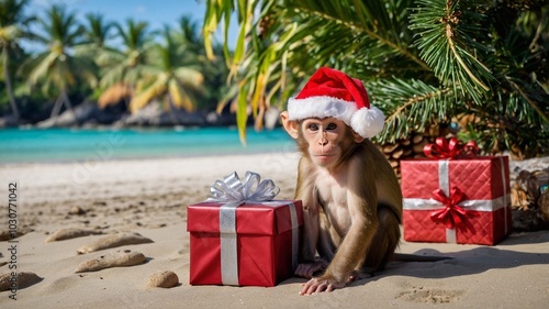 Funny monkey in Santa Claus hat on tropical beach. Christmas trip, beach holiday as a gift. photo