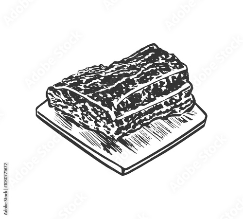 Sliced Meat on a Cutting Board. A hand-drawn illustration of a thick slice of meat cut into several pieces and placed on a cutting board. The image is in black and white and has a vintage, sketch.