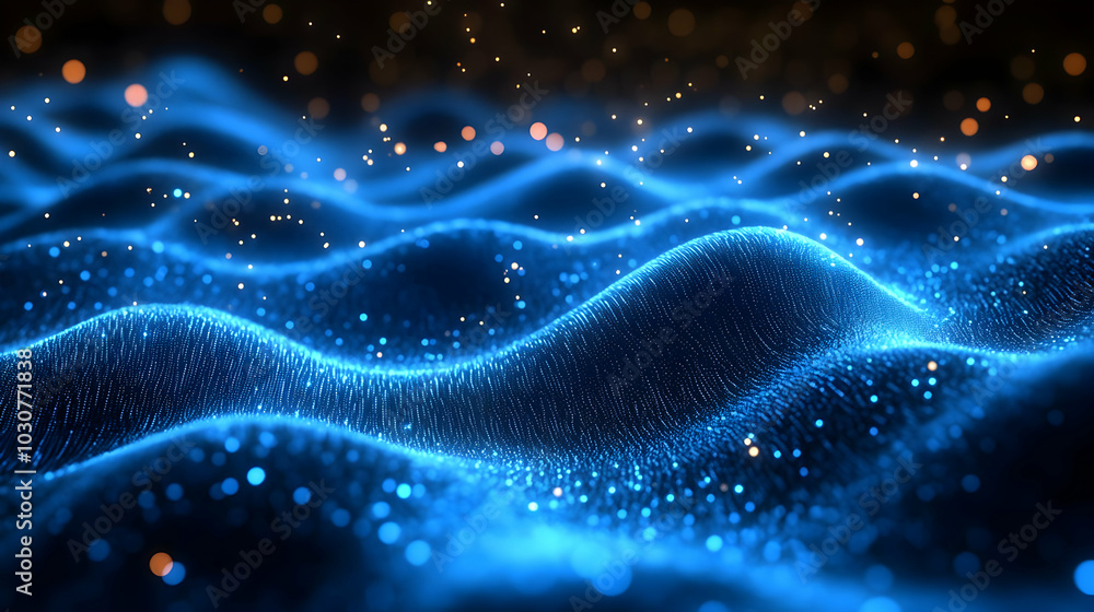 Abstract representation of glowing blue waves with sparkles.