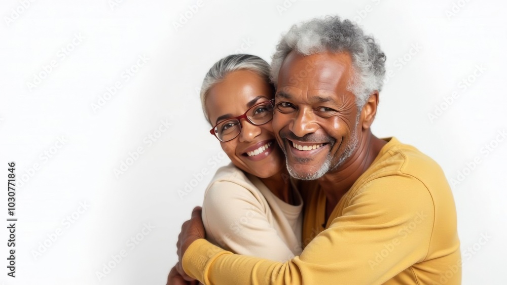 Elderly African couple hugging, smiling on a white background, in a great mood. Free space for text Elderly African couple hugging, smiling on a white background, in a great mood. Free space for text