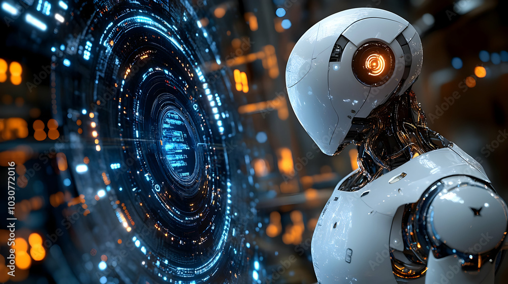 Fototapeta premium Futuristic robot facing a glowing digital interface.