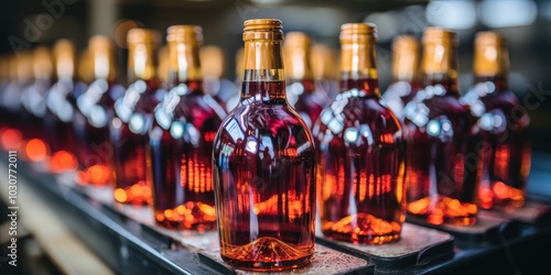 A row of glass bottles filled with amber liquid on a conveyor belt, showcasing the intricate manufacturing process of a beverage production line.