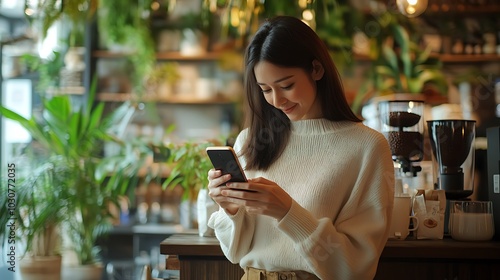 Young woman using her smartphone while standing in a coffee shop.