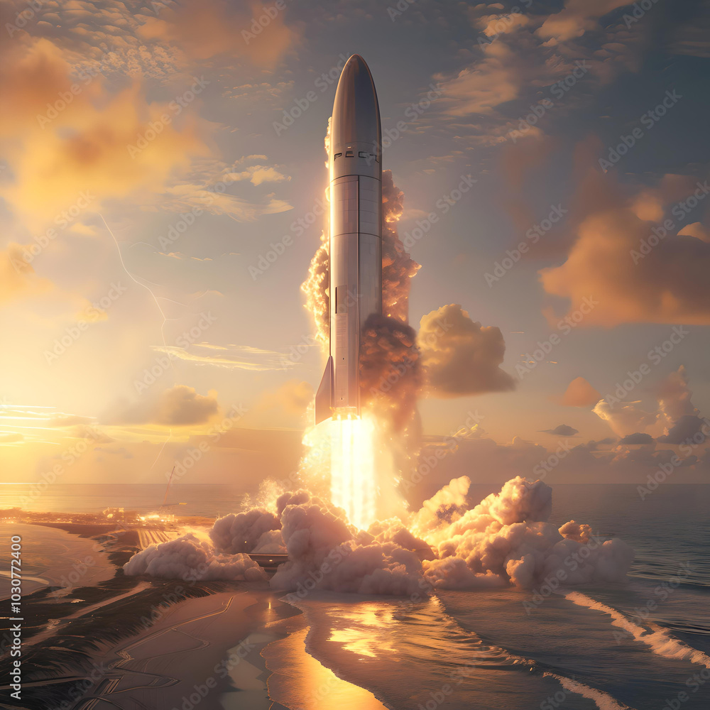 Fototapeta premium rocket in the air between the clouds, symbolizing innovation and technological advancement, in a dramatic and colorful composition. Starship Soaring