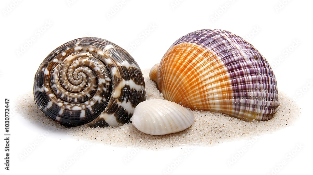 Three seashells, one with a spiral pattern, on a pile of white sand against a white background. Three seashells, one with a spiral pattern, on a pile of white sand against a white background.