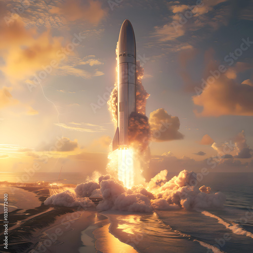 rocket in the air between the clouds, symbolizing innovation and technological advancement, in a dramatic and colorful composition. Starship Soaring