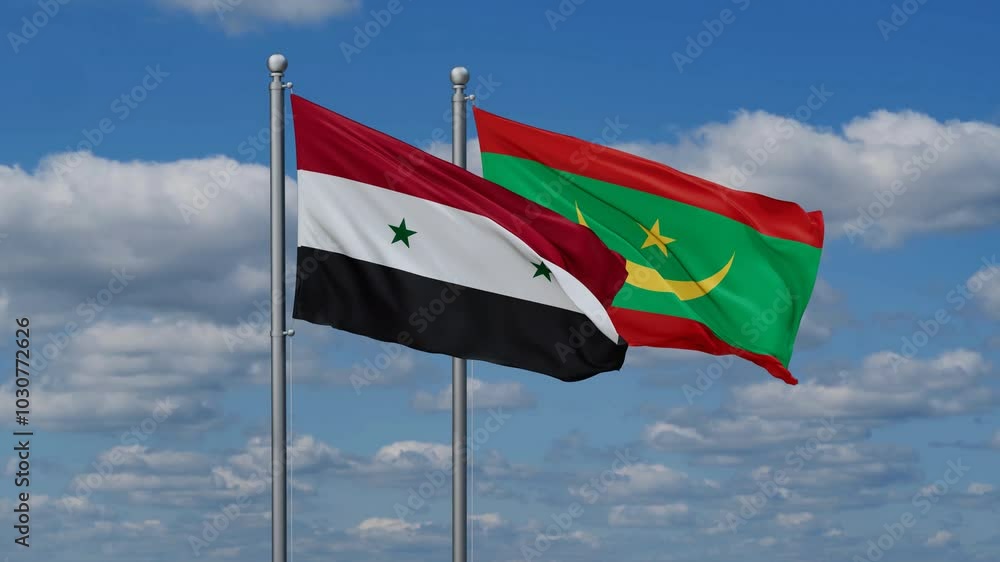 Mauritania and Syria flags flying together, video concept of the relationship, two country relations concept Mauritania and Syria flags flying together, video concept of the relationship, two country relations concept