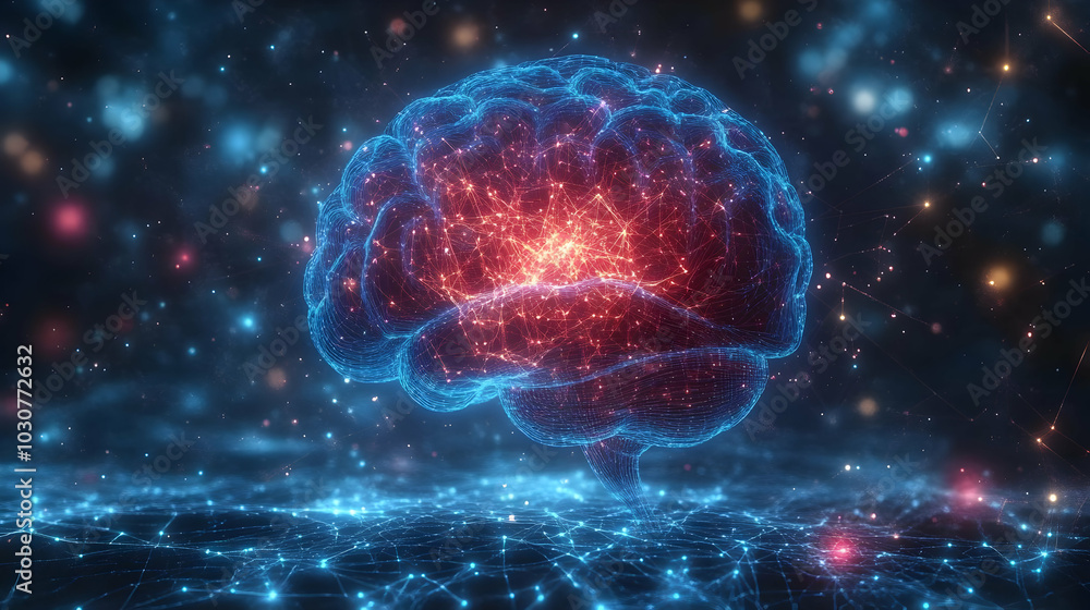 A digital representation of a brain with glowing connections. A digital representation of a brain with glowing connections.