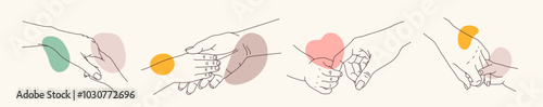 Parent and Child Holding Hand. Line art set of baby kid grabbing mom or dad hand. Happy family. Mother and father with child. Outline vector illustration collection isolated on background