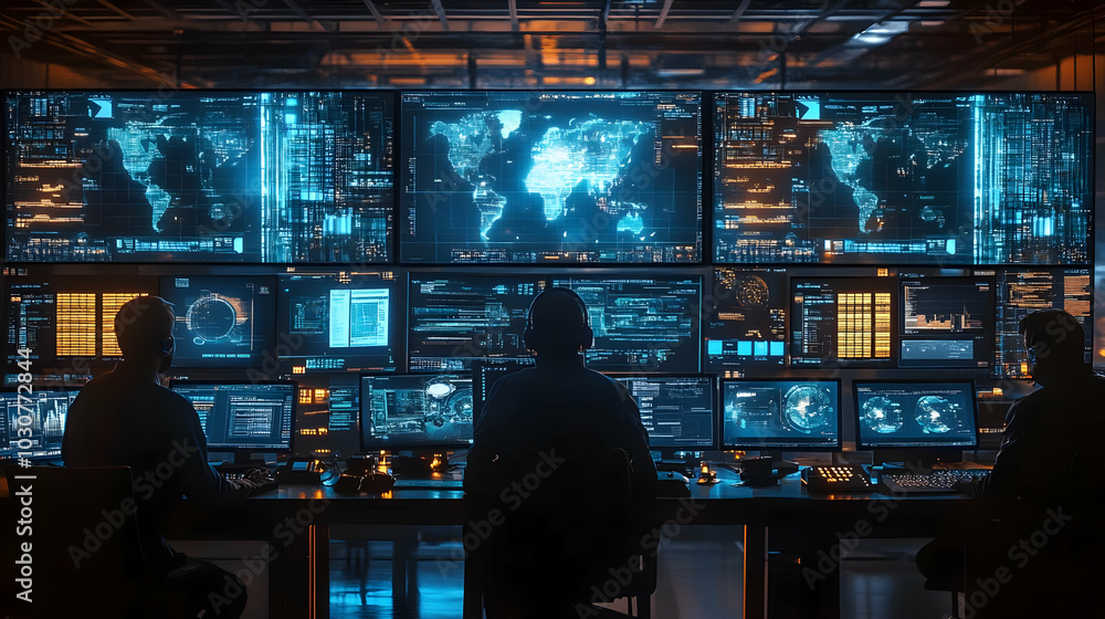Control room with multiple screens displaying global data analytics. Control room with multiple screens displaying global data analytics.