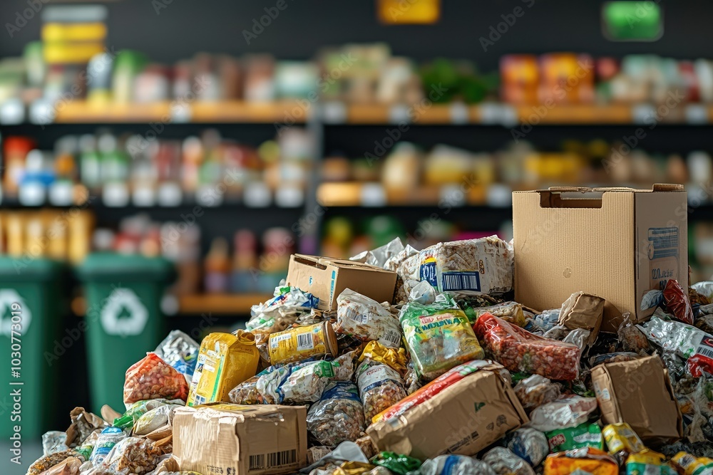 A pile of expired packaged goods from a grocery store, with blurred recycling signs and eco-friendly bins in the background, symbolizing waste reduction effort. A pile of expired packaged goods from a grocery store, with blurred recycling signs and eco-friendly bins in the background, symbolizing waste reduction effort.
