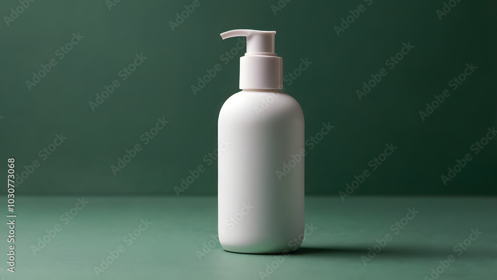 White matte bottle with dispenser for cosmetics body and face care natural ingredients on emerald green background White matte bottle with dispenser for cosmetics body and face care natural ingredients on emerald green background