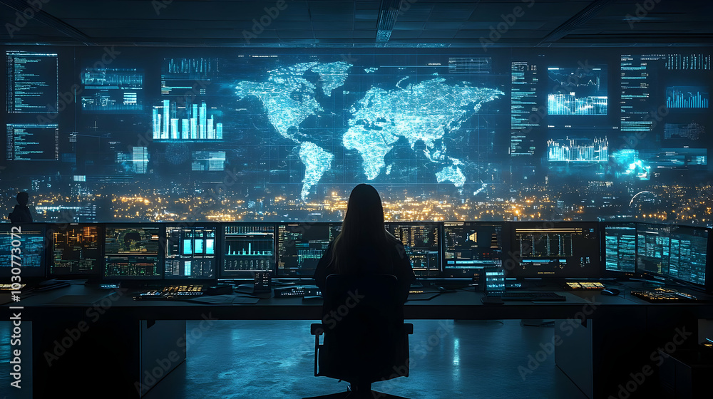 Control room with digital world map and data displays. Control room with digital world map and data displays.
