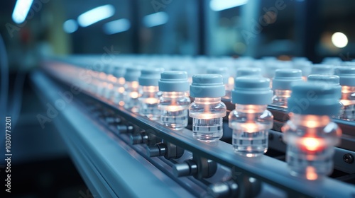 Conveyor Belt Carrying Rows of Glass Bottles with White Caps in an Automated Industrial Setting