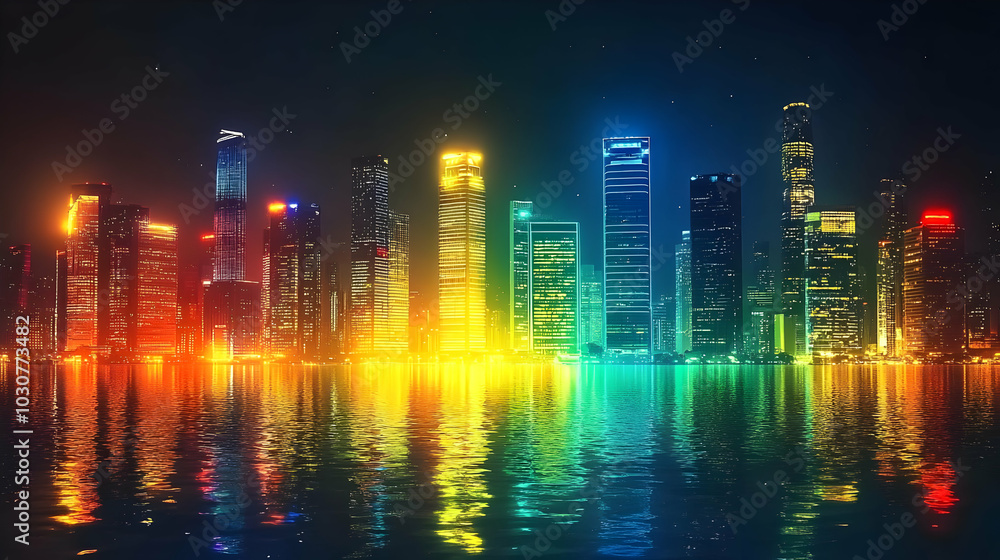 Vibrant city skyline reflected in water at night with colorful lights. Vibrant city skyline reflected in water at night with colorful lights.