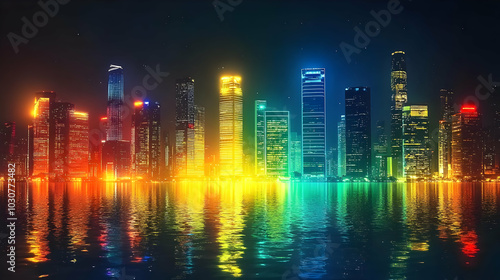 Vibrant city skyline reflected in water at night with colorful lights.