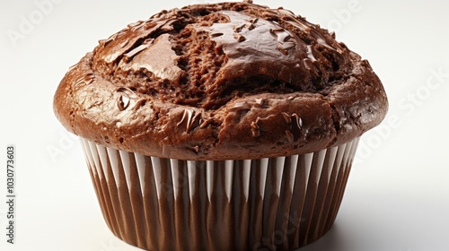 A single chocolate muffin with a paper liner, featuring a glossy, chocolatey top studded with chocolate chips, resting against a plain white background.