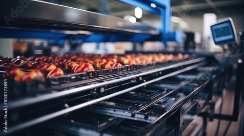 A close-up view of a factory conveyor belt carrying a line of red, plump, round fruit, showcasing the intricate machinery and automated process of food production.