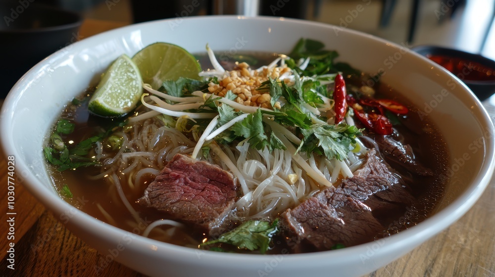 Steaming Bowl of Beef Pho with Fresh Herbs and Bean Sprouts for Authentic Asian Dining Experience Steaming Bowl of Beef Pho with Fresh Herbs and Bean Sprouts for Authentic Asian Dining Experience