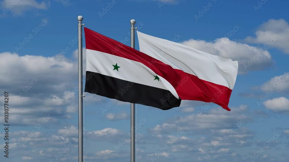 Poland and Syria flags flying together, video concept of the relationship, two country cooperation concept Poland and Syria flags flying together, video concept of the relationship, two country cooperation concept