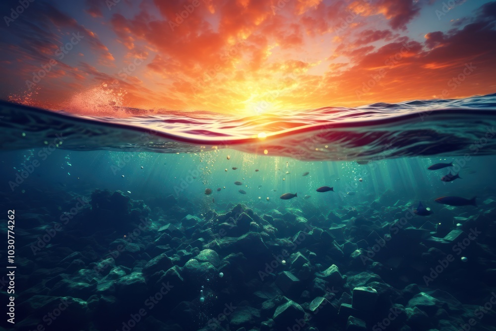 Obraz premium Underwater surface with sunset sunlight outdoors nature.