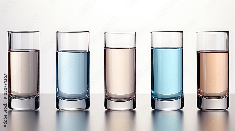 Five Glass Tumblers Filled with Different Colored Liquids Standing in a Row on a Reflective Surface Five Glass Tumblers Filled with Different Colored Liquids Standing in a Row on a Reflective Surface