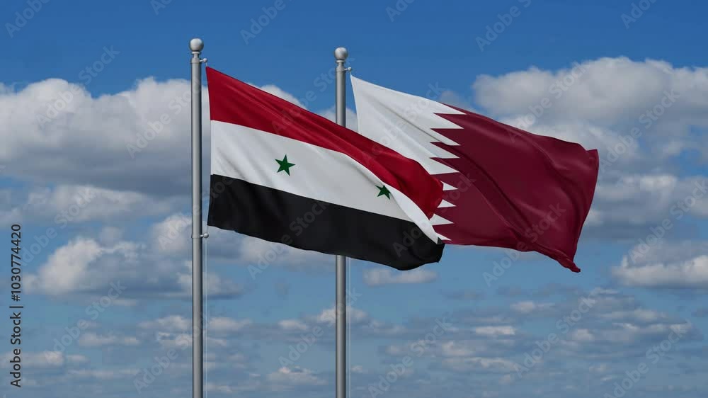 Qatar and Syria flags flying together, video concept of the relationship, two country cooperation concept Qatar and Syria flags flying together, video concept of the relationship, two country cooperation concept