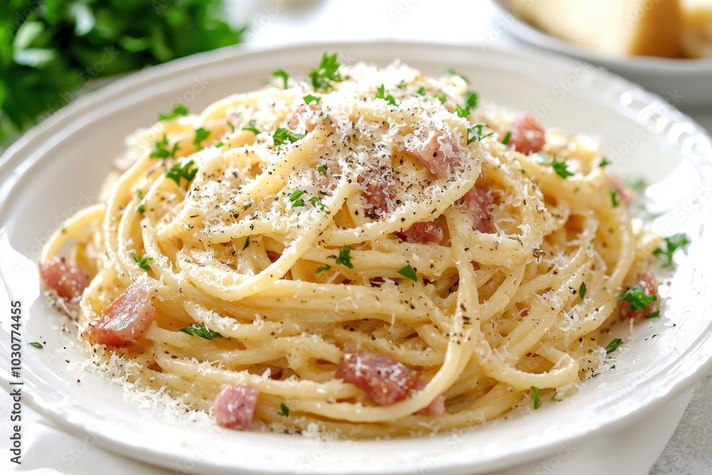 Delicious Italian Spaghetti Carbonara with Parmesan and Crispy Pancetta Garnish Delicious Italian Spaghetti Carbonara with Parmesan and Crispy Pancetta Garnish