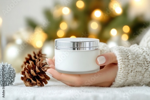 Woman Applying Lotion in Cozy Winter Setting photo