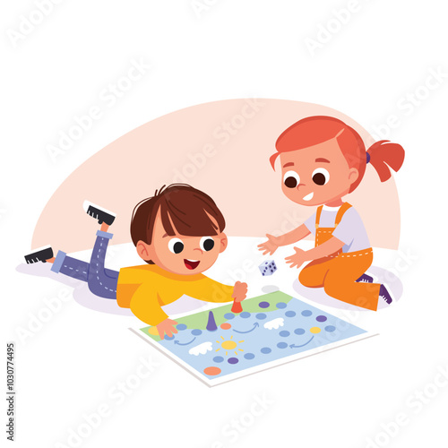 Children sitting on a floor play table games. Kids having fun while playing board game. Spending time playing tabletop games. Vector illustration.