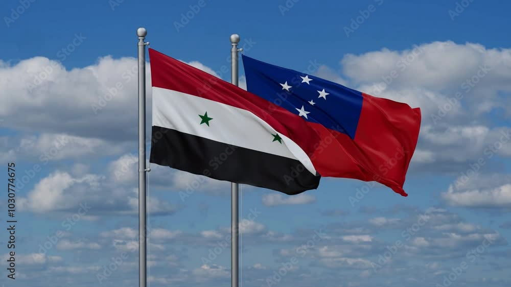 Samoa and Syria flags flying together, video concept of the relationship, two country cooperation concept Samoa and Syria flags flying together, video concept of the relationship, two country cooperation concept