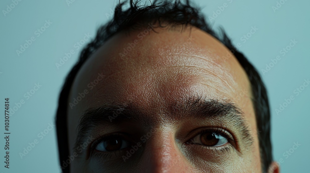 Intense Close-Up of Eyes and Forehead on a Neutral Background Intense Close-Up of Eyes and Forehead on a Neutral Background