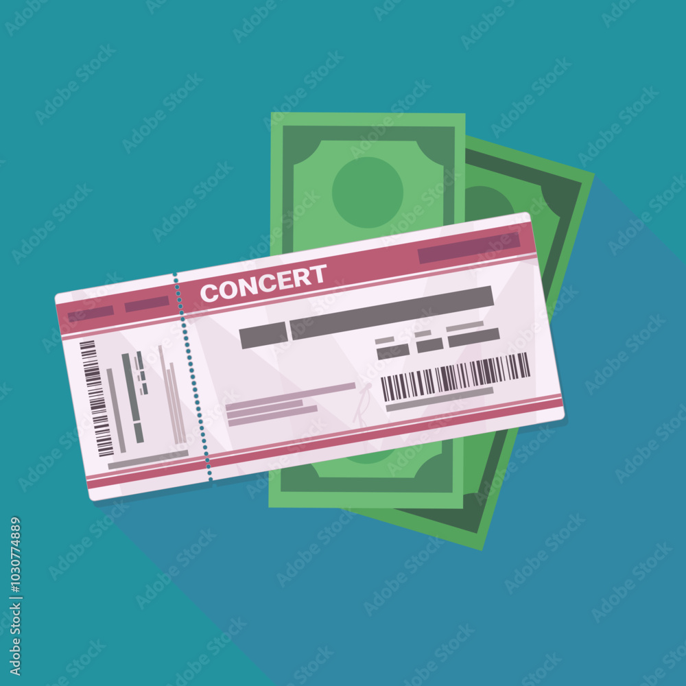 Fototapeta premium Concert ticket on a wad of green dollar bills on a blue background with long shadow (flat design)
