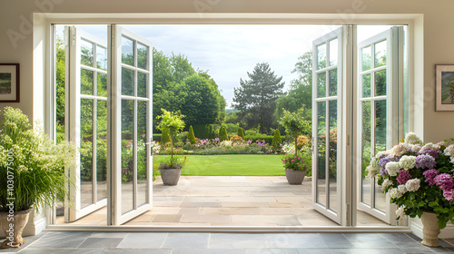 A beautiful garden and patio in summer are seen from a stylish designer room through bifold doors.