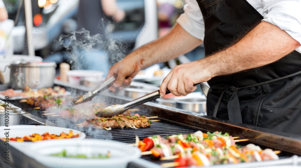 A Street Food Vendor Grilling Skewers of Meat and Vegetables A Street Food Vendor Grilling Skewers of Meat and Vegetables