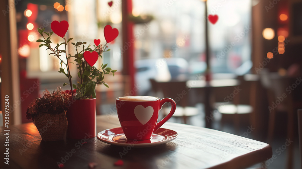 A cozy coffee shop setting with Valentine's decorations A cozy coffee shop setting with Valentine's decorations
