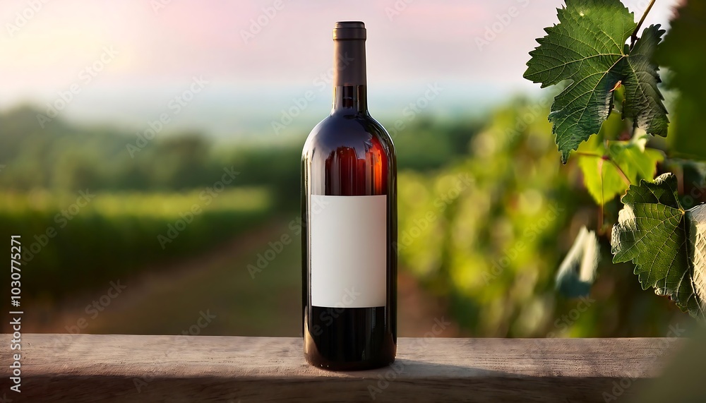 Fototapeta premium Creative mock-up of a tall amber wine bottle with blank label in a vineyard during sunset. Generative AI