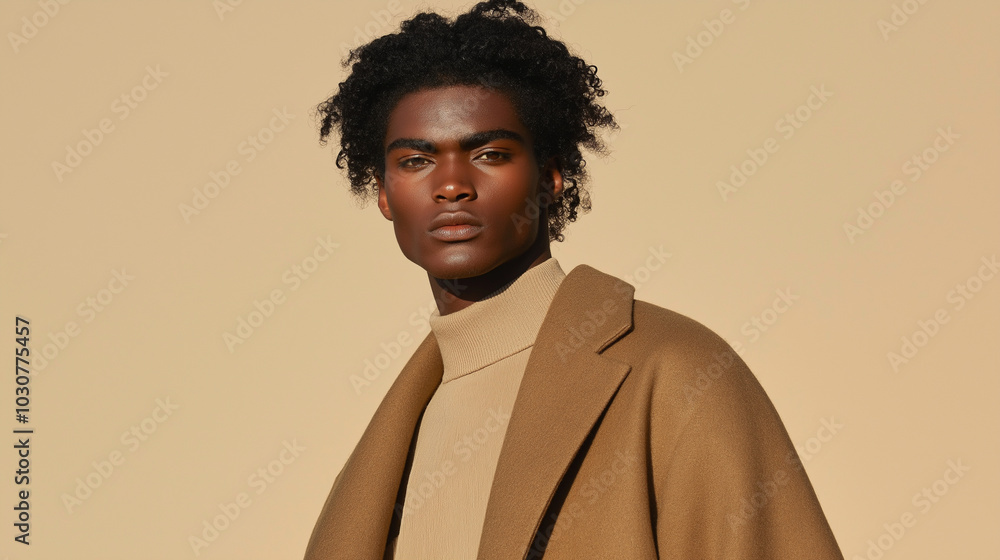 A minimalist fashion editorial featuring a model in an oversized camel wool coat and wide-leg tweed trousers. The soft natural lighting and neutral background set the tone for the A minimalist fashion editorial featuring a model in an oversized camel wool coat and wide-leg tweed trousers. The soft natural lighting and neutral background set the tone for the