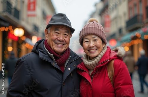 An elderly Asian couple on the street, decorated for Christmas, New Year, smiling in a great mood