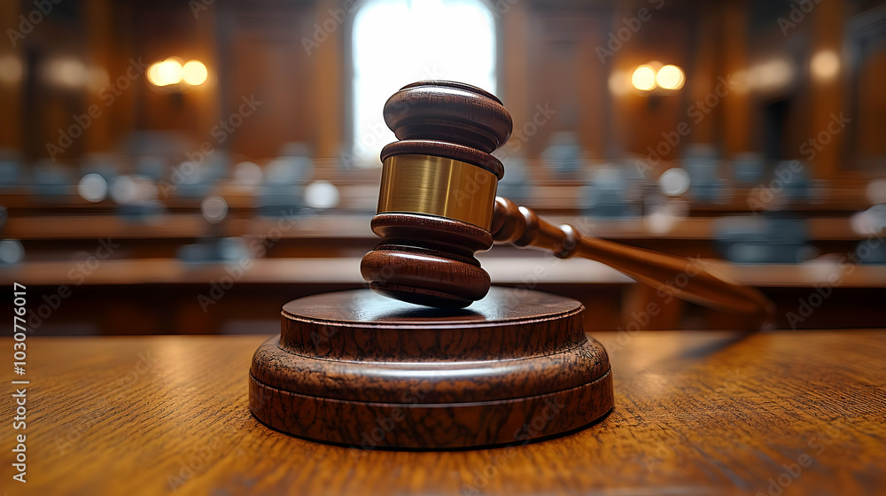 A gavel resting on a wooden block in a courtroom setting. A gavel resting on a wooden block in a courtroom setting.