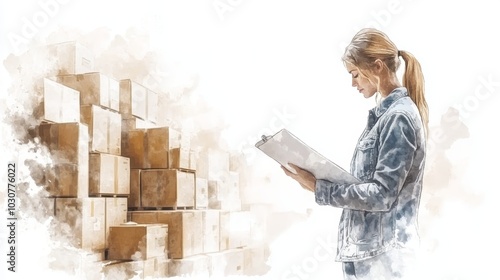 Woman surrounded by boxes, visual depiction of moving, organization, or delivery photo